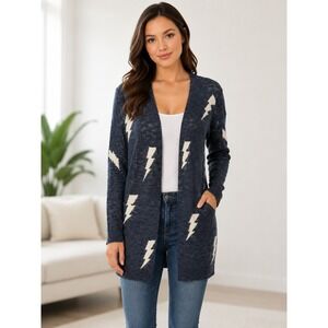 Women's Navy Ivory Lightning Bolt Cardigan Sweater S Open Front Pockets Relaxed